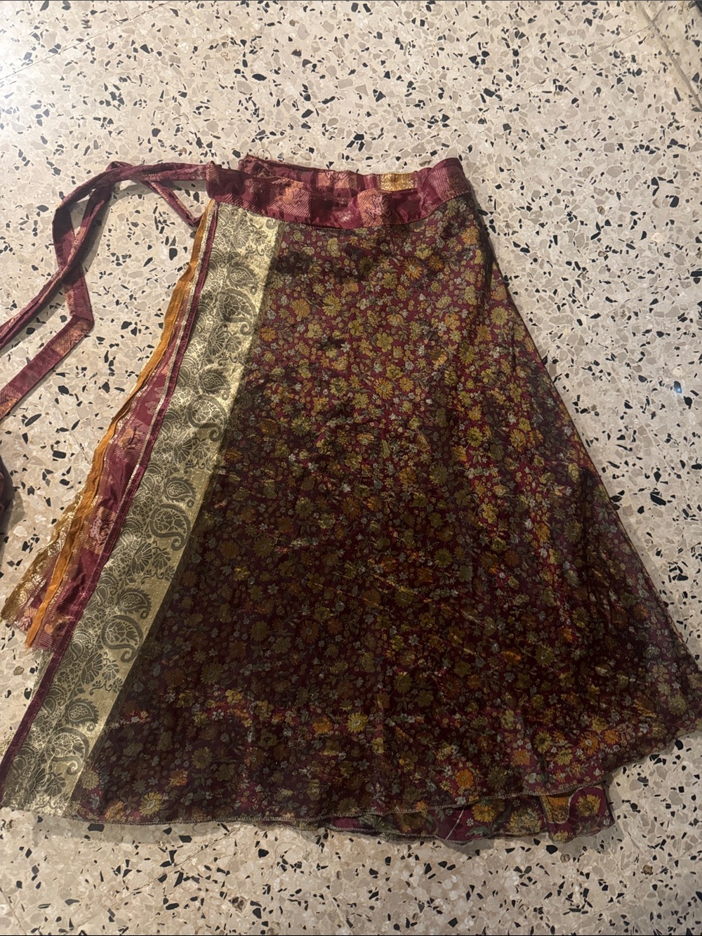 Advance Apparels Maroon Floral Wrap Skirt with Gold Panel